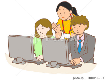 就労移行支援事業所でパソコン操作を習う精神障害者のイラスト 100056294