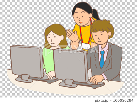 就労移行支援事業所でパソコン操作を習う精神障害者のイラスト 100056294