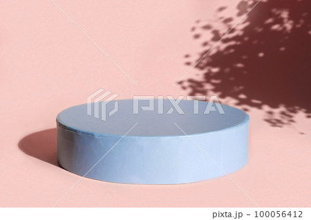 Podium for cosmetic product presentation. Abstract minimal form with geometrical form. Cylinder podium with Floral sunlight shadow. Scene to show products. Showcase, display case. Flat lay, top view 100056412