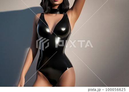 Woman dressed in latex leather suit for adult bdsm games. Generative AI 100056625
