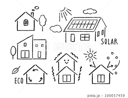 太陽光パネルや耐震断熱エコ住宅のアイコン鉛筆画 100057459