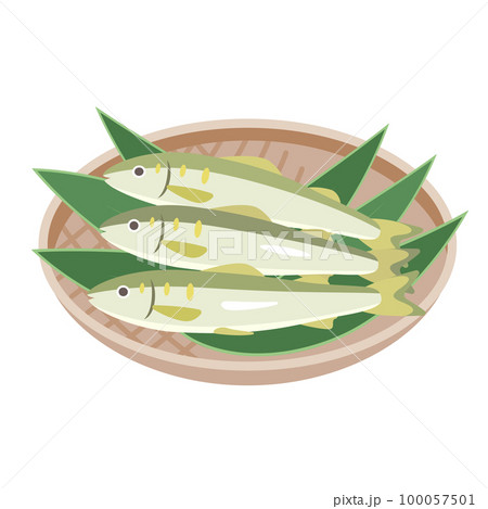 竹ザルにのった三匹の鮎のイラスト 竹ザルにのった三匹の鮎のイラスト 100057501
