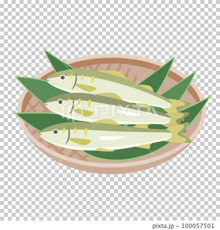 竹ザルにのった三匹の鮎のイラスト 竹ザルにのった三匹の鮎のイラスト 100057501