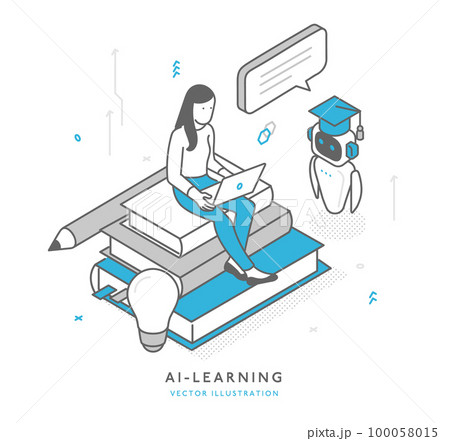 AIチャットサービスを利用して学習をする女性のイメージイラスト素材 AIチャットサービスを利用して学習をする女性のイメージイラスト素材 100058015