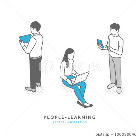情報端末機器を利用して調べ物をする人たちのイメージイラスト素材 100058046