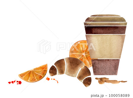 Watercolor hand drawn composition with paper coffee cups, bags, croissants, orange slices, leaves. Isolated on white background. For invitations, cafe, restaurant food menu, print, website, cards 100058089