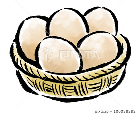カゴに盛った卵 茶 筆タッチイラスト カゴに盛った卵 茶 筆タッチイラスト 100058585