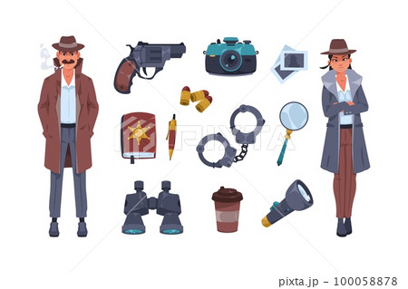 Detective equipment. Cartoon police agent character and spy tools for investigation criminal case and evidence search secret observation. Vector flat set Detective equipment. Cartoon police agent character and spy tools for investigation criminal case and evidence search secret observation. Vector flat set 100058878