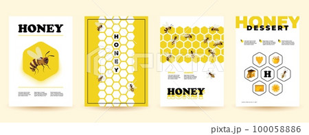 Honey flyers. Cartoon posters with bee insect honeycomb beehive, natural organic beekeeping product elements for branding design. Vector set Honey flyers. Cartoon posters with bee insect honeycomb beehive, natural organic beekeeping product elements for branding design. Vector set 100058886