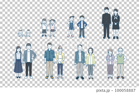 様々な年齢層の人物、男女のイラストセット 100058887
