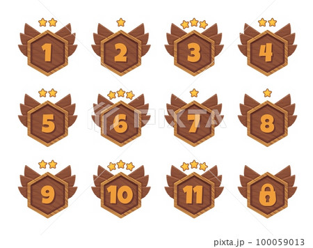 Game level number. Wooden frame selection screen, cartoon ranking achievement badge, decorative GUI wood board with rating score for rpg. Vector set 100059013