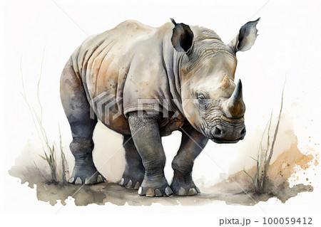 Baby rhino. Aquarelle illustration. Watercolor painting of a cute baby rhino 100059412
