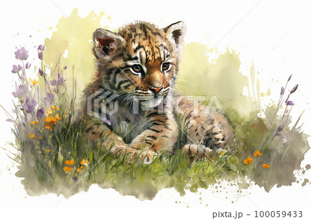 Baby tiger. Aquarelle illustration. Watercolor painting of a cute baby tiger on a blooming meadow 100059433