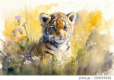 Baby tiger. Aquarelle illustration. Watercolor painting of a cute baby tiger on a blooming meadow Baby tiger. Aquarelle illustration. Watercolor painting of a cute baby tiger on a blooming meadow 100059436