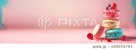 Different colorful macarons cookies decorated with berries on a pink banner. Generative AI illustration Different colorful macarons cookies decorated with berries on a pink banner. Generative AI illustration 100059763
