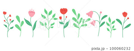 Spring set of flowers on a white background. Simple isolated illustration of flowers and leaves. 100060232