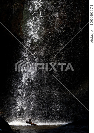 Splashing waterfall drop on pond with dark background of cave. 100060571
