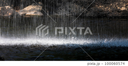 Splashing waterfall drop on pond with dark background of cave. Splashing waterfall drop on pond with dark background of cave. 100060574
