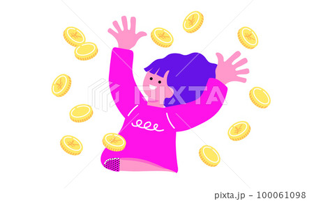 降ってくるコインに喜ぶ女性のイラスト 降ってくるコインに喜ぶ女性のイラスト 100061098