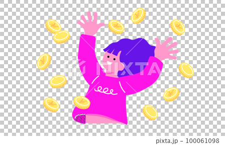 降ってくるコインに喜ぶ女性のイラスト 降ってくるコインに喜ぶ女性のイラスト 100061098
