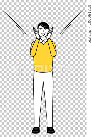 口に手を当てて呼び込みをする定年退職したシニア・中年男性 100061819