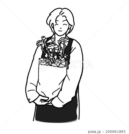 ラナンキュラスの花鉢を抱いている花好きの男性 100061865