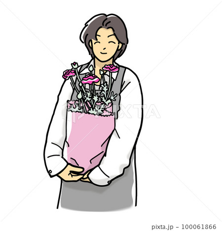 ラナンキュラスの花鉢を抱いている花好きの男性 100061866