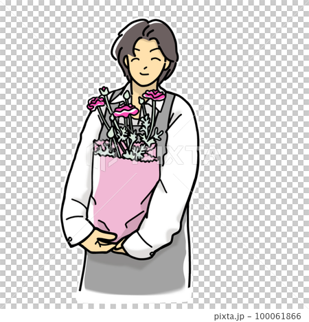 ラナンキュラスの花鉢を抱いている花好きの男性 100061866