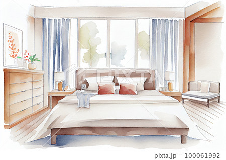 イメージ素材：モダンな寝室の水彩画イラストのイラスト素材