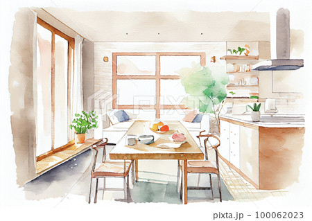 イメージ素材:モダンなリビングの水彩画イラスト イメージ素材:モダンなリビングの水彩画イラスト 100062023