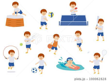 学校の体育でスポーツを楽しむ男の子のイラスト 100062828