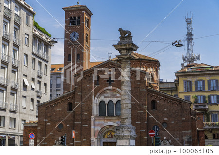 Milan, Italy San Babila church facade with bell tower. External day view of Roman Catholic church at homonymous Milano square. Milan, Italy San Babila church facade with bell tower. External day view of Roman Catholic church at homonymous Milano square. 100063105