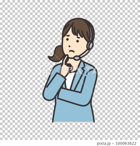 顎に人差し指をあてて悩むオペレーターの女性のイラスト 100063622