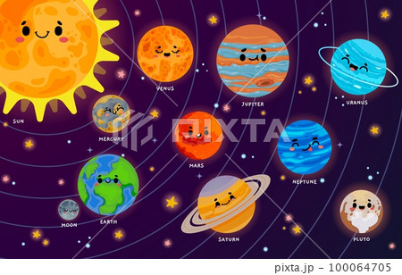 Cartoon solar system. Cute planets with funny faces on orbits around Sun. Astronomy and space learning illustration for kids Cartoon solar system. Cute planets with funny faces on orbits around Sun. Astronomy and space learning illustration for kids 100064705