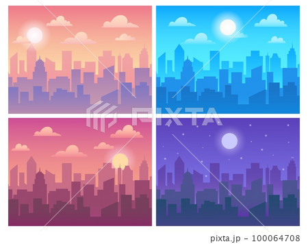 Daytime cityscape. Morning town, afternoon city, evening skyscape and night urban background. Different time of day vector illustration set 100064708
