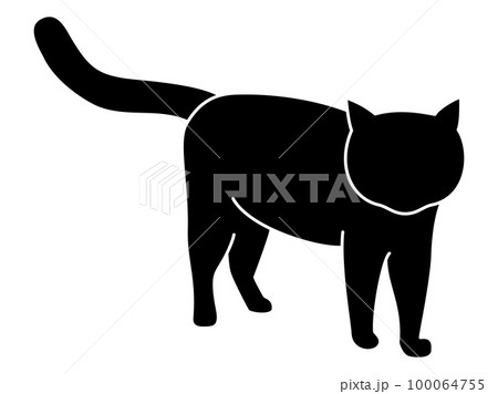 立ち止まってこちらをじっと見ている猫のシルエット（黒）のイラスト