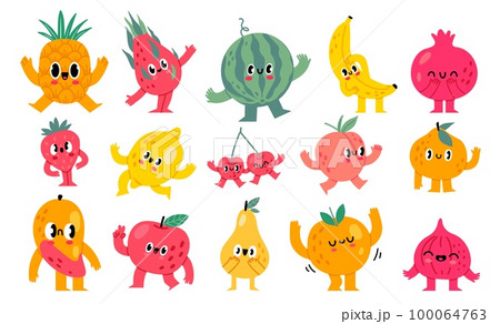 Doodle fruits and berries characters. Funny grocery food mascot with happy cartoon faces vector illustration set 100064763