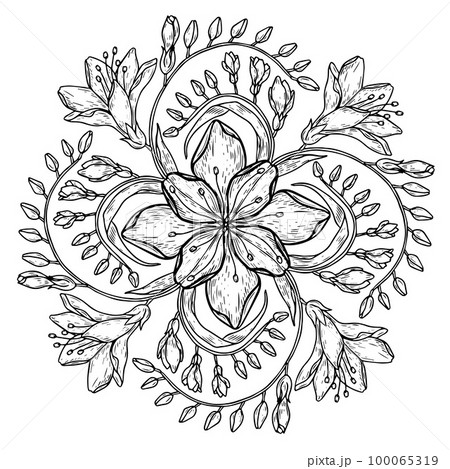 Circle spring and summer doodle ornament. Hand drawn mandala art with flowers and leaves black and white outline. 100065319