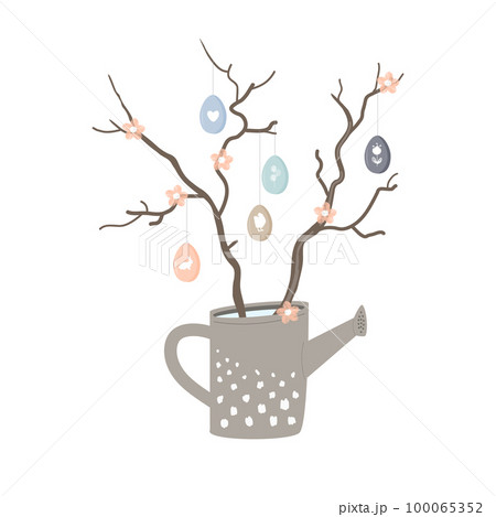 Easter floral composition. Decorative watering can with spring twigs decorated with painted eggs and flowers. DIY home decor idea, vector illustration 100065352