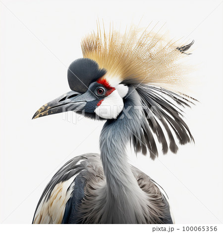 Crowned crane Balearica regulorum isolated on white close-up, beautiful unusual bird 100065356