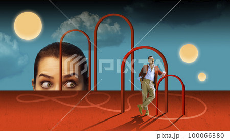 Surreal design in futuristic style. Contemporary art collage. Female eyes following handsome stylish man over abstract background. Spying 100066380