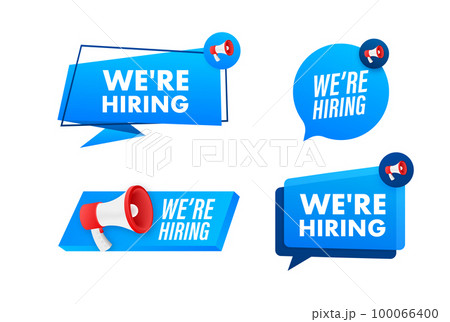 Megaphone label set with text We are hiring. Megaphone in hand promotion banner. Marketing and advertising 100066400