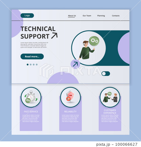 Technical support flat landing page website template. Fast service, reliability, customer experince. Web banner with header, content and footer. Vector illustration. Technical support flat landing page website template. Fast service, reliability, customer experince. Web banner with header, content and footer. Vector illustration. 100066627