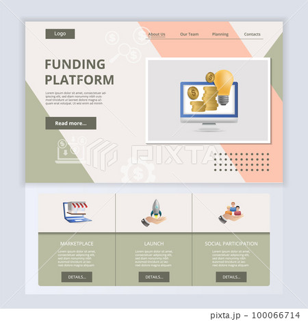 Funding platform flat landing page website template. Marketplace, launch, social participation. Web banner with header, content and footer. Vector illustration. 100066714