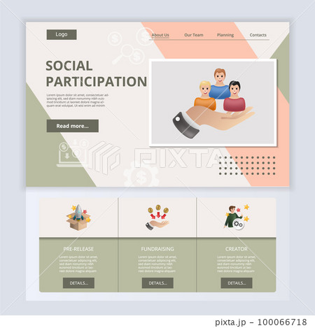 Social participation flat landing page website template. Pre-release, fundraising, creator. Web banner with header, content and footer. Vector illustration. 100066718
