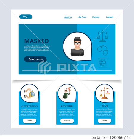 Masked flat landing page website template. Hungry money, protester, unjust. Web banner with header, content and footer. Vector illustration. 100066775