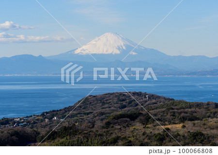 神奈川県大楠山山頂から望む相模湾と冠雪した富士山 100066808