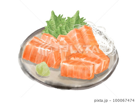 水彩のサーモンの刺身01_1 100067474