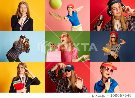 Collage. Portraits of beautiful young girl posing in different clothes over multicolored background. Diverse lifestyle Collage. Portraits of beautiful young girl posing in different clothes over multicolored background. Diverse lifestyle 100067646