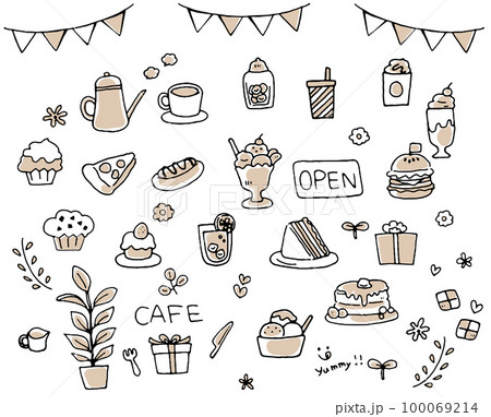 カフェ・スイーツの手描きイラストアイコンセット シンプルのイラスト